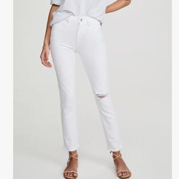 Paige Sarah Straight Ankle White Distressed Jeans - Picture 1 of 8